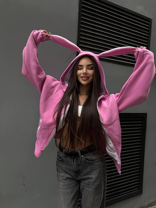 Женская стильная худи с ушками трехнить на флисе Розовый Одесса - изображение 12