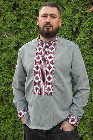 Вишиванка чоловіча, лляна, з довгим рукавом, сіра льон  , топ 64 Київ