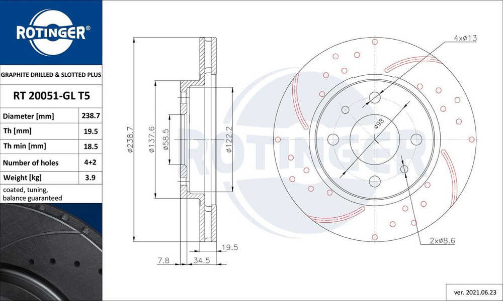 ROTINGER RT20051GLT5 — Спортивный вентилируемый тормозной диск с перфорацией и насечками Ковель - изображение 2