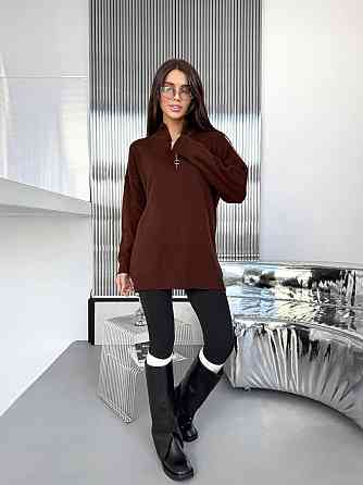 Жіночий стильний подовжений оверсайз светр зі змійкою в'язання 50% котон/50% акрил Шоколад Одеса