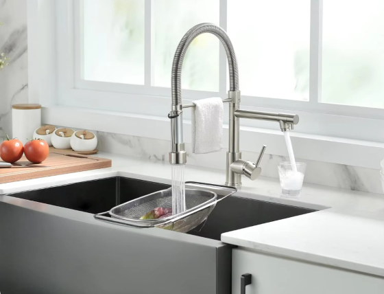 Змішувач для кухні з латунний з висувним і стаціонарним зливом з нержавіючої сталі, матовий нікель Кам'янець-Подільський