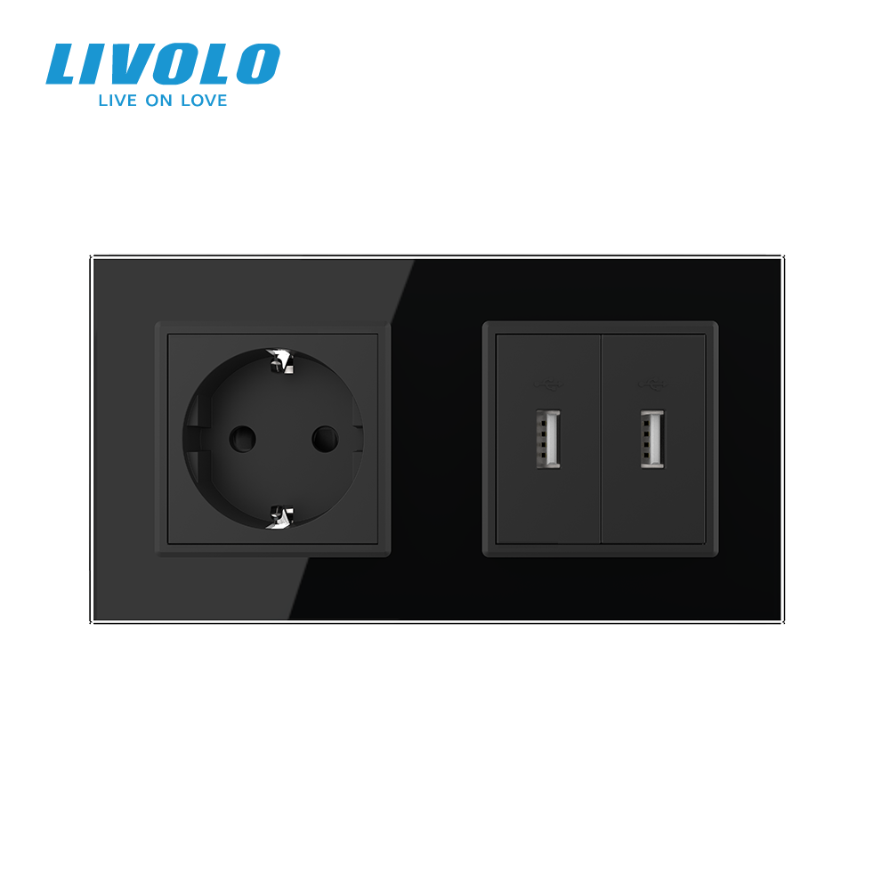 LIVOLO Розетка з заземленням з 2 USB розетками LIVOLO чорна матова скло Коломия - фото 3