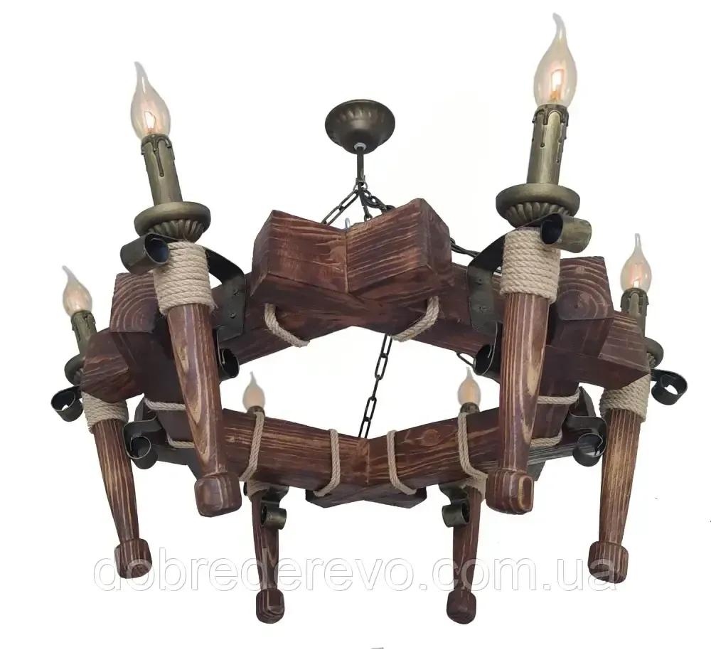 Люстра дерев'яна шестигранна на ланцюгу на 6 факелів в альтанку, сауну, будинок - кування під старовину Вижниця - фото 1