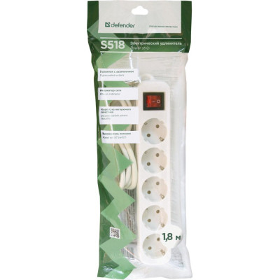 Сетевой удлинитель Defender S518 1.8 m 5 роз switch white (99241) Винница - изображение 4
