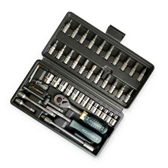 Набір інструменту 1/4" 46 шт, 4-14 мм з тріщ., подовжує., кардан, отв.-вороток, біти Rock FORCE Мукачево