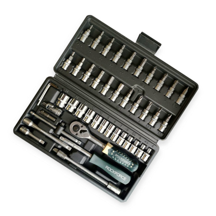 Набір інструменту 1/4" 46 шт, 4-14 мм з тріщ., подовжує., кардан, отв.-вороток, біти Rock FORCE Мукачево - фото 1
