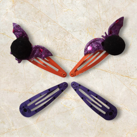 Набір 2 шпильки помаранчеві з літаючою мишею та 2 шпильки з принтом павук та для волос на Хелловін фіолетовий Київ