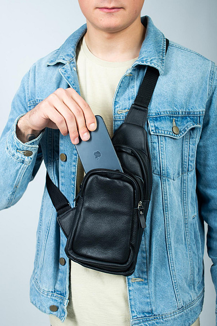 Сумка через плече чоловіча, сумка-слінг із натуральної шкіри SL015 (Чорна) Суми - фото 4