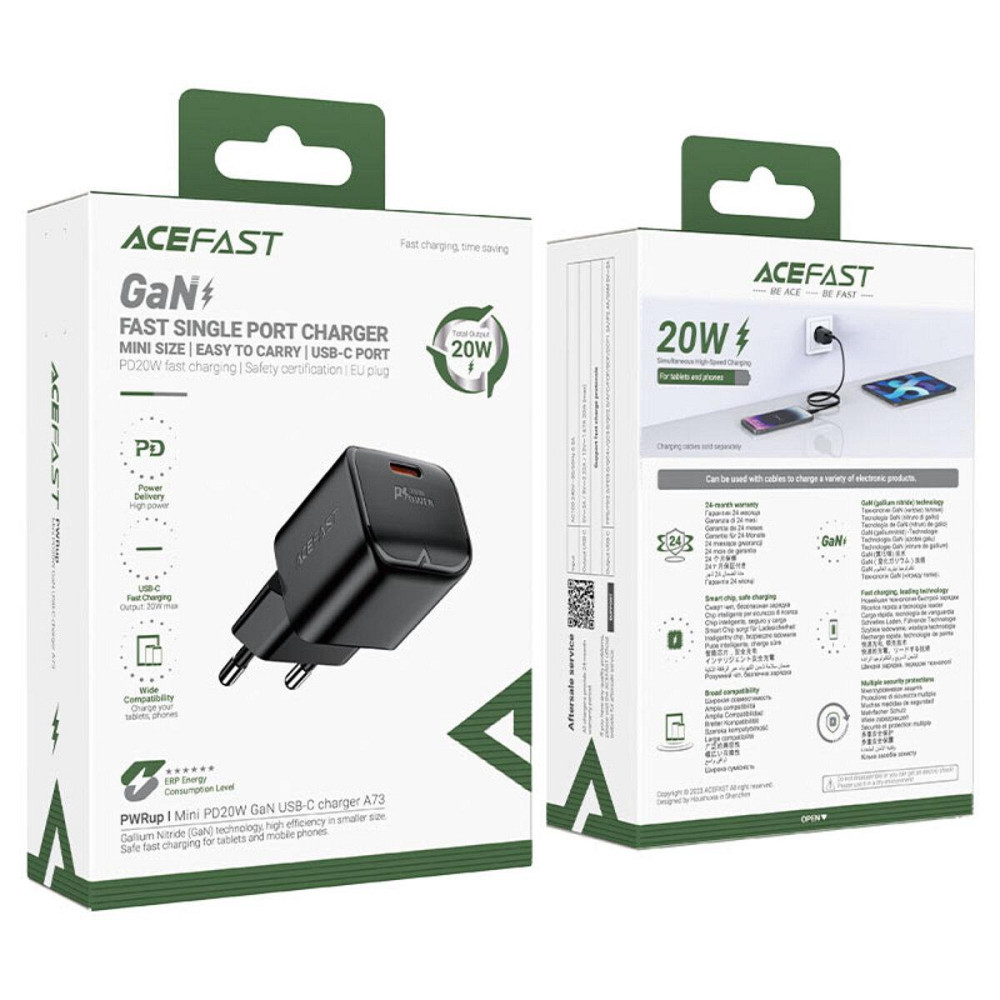 Мережевий зарядний пристрій ACEFAST A73 mini PD20W GaN USB-C charger Black 6974316282648 Одеса - фото 6