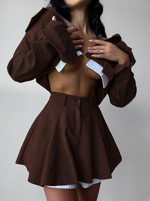 Жіночий стильний костюм-двійка: піджак і спідниця мікровельвет Шоколад, 46/48 Одеса - фото 5