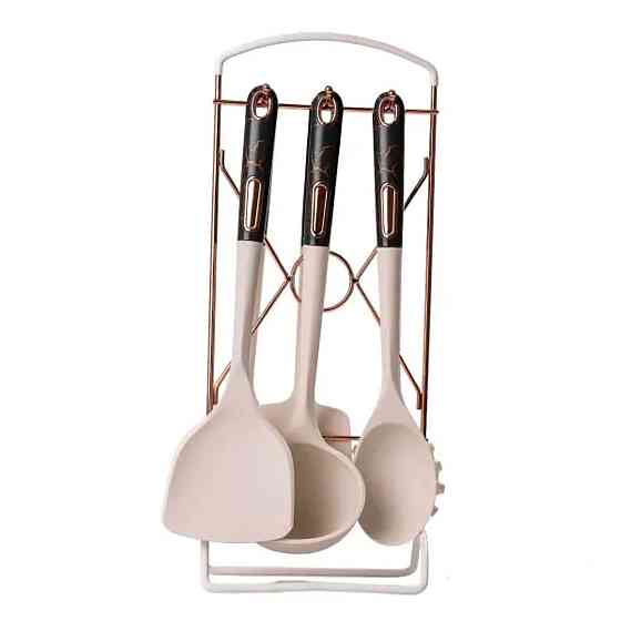 Набір кухонного приладдя на підставці 6 штук кухонні аксесуари Бежевий із чорною ручкою YRUR4 Коломия