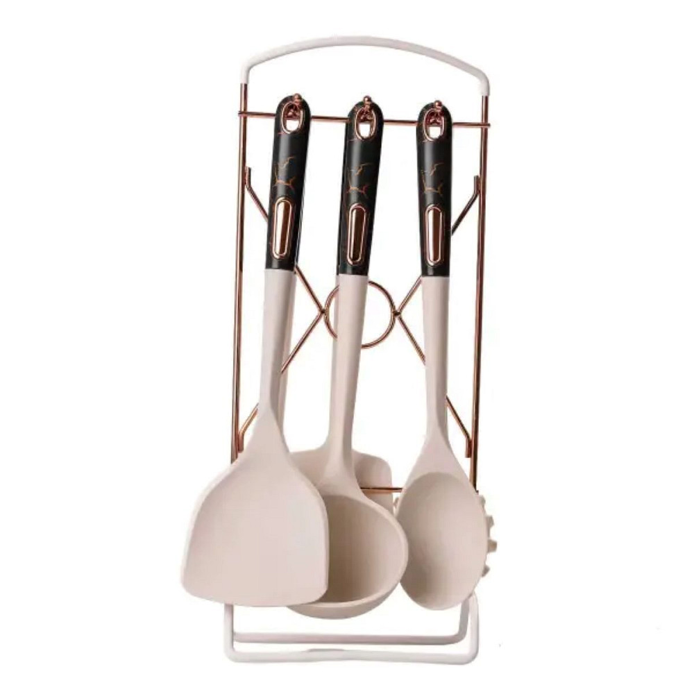 Набір кухонного приладдя на підставці 6 штук кухонні аксесуари Бежевий із чорною ручкою YRUR4 Коломия - фото 4