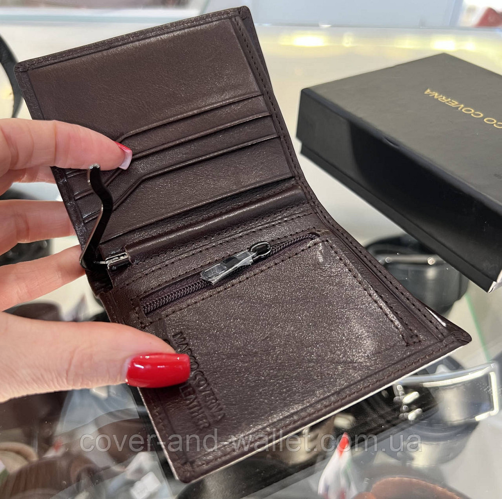 Маленький мужской кошелек с зажимом для купюр без застежки из гладкой кожи коричневого цвета Marco Coverna B047-501 Киев - изображение 6