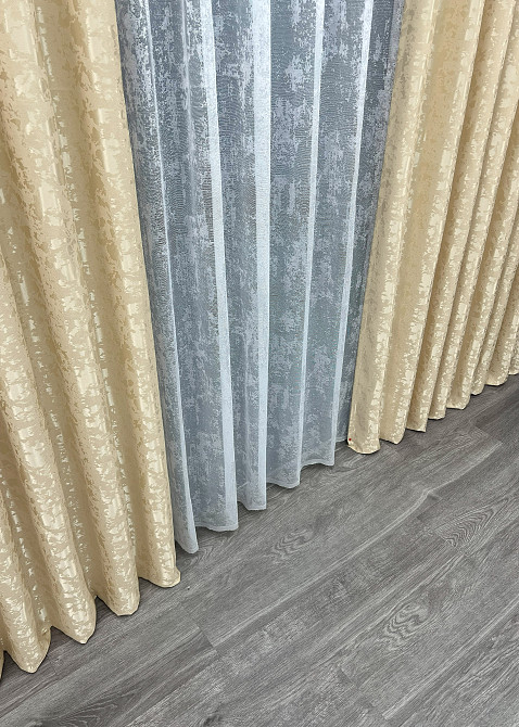 Комплект штор VR-Textil Льон Мармур 200х270 2шт і Тюль 600х270 1909ш-1400т Кремовий з білим 71-137/7 Київ - фото 8