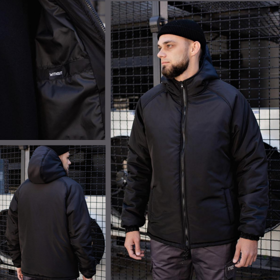 Чоловіча зимова куртка коротка чорна з капюшоном тепла Without Mountain XXL/3XL Одеса