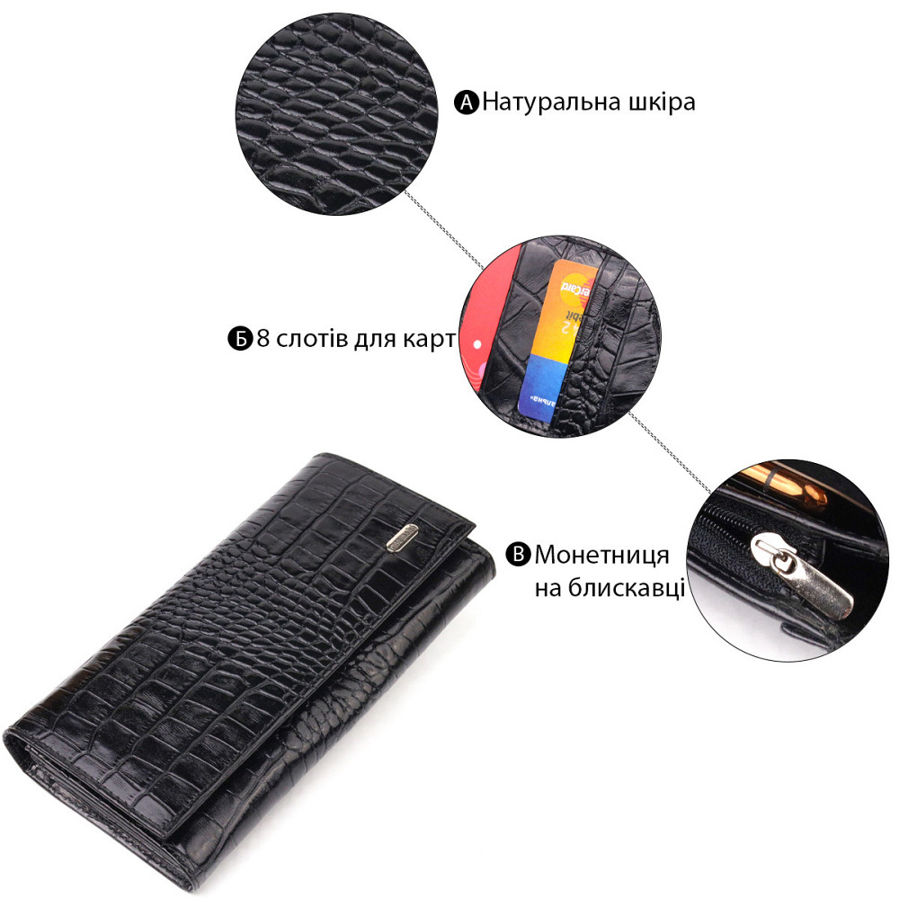 Женский кошелек с монетницей из натуральной фактурной кожи Черный (CANPELLINI) Киев - изображение 8