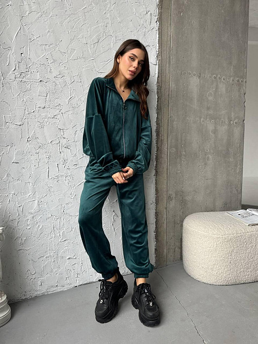 Жіночий прогулянковий костюм-двійка: кофта та штани з турецького велюру Смарагдовий, 42/44 Одеса - фото 1