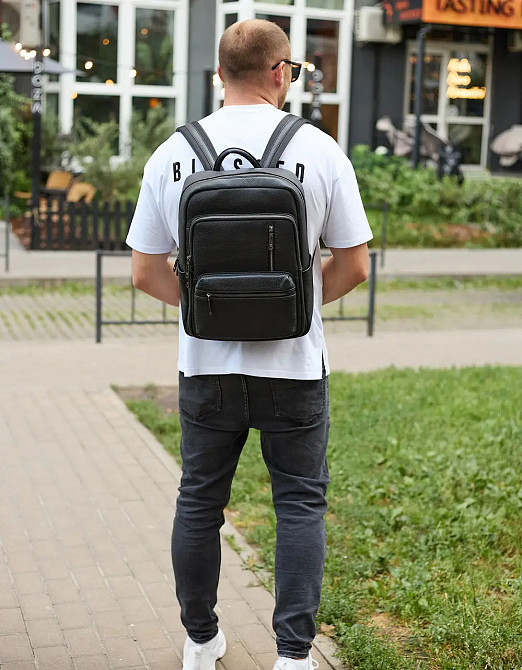 Классический черный мужской рюкзак из натуральной кожи деловой, офисный, для ноутбука Киев - изображение 9