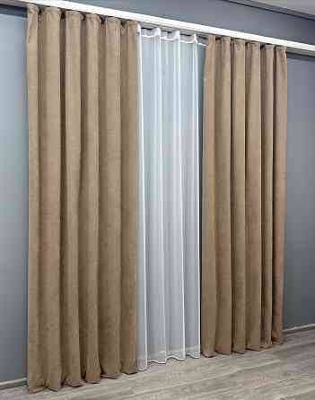 Комплект штор VR-Textil Мікровелюр Petek 150х270 2шт і Тюль 400х270 1701ш-1153т Капучино з білим 71-055/3 Київ