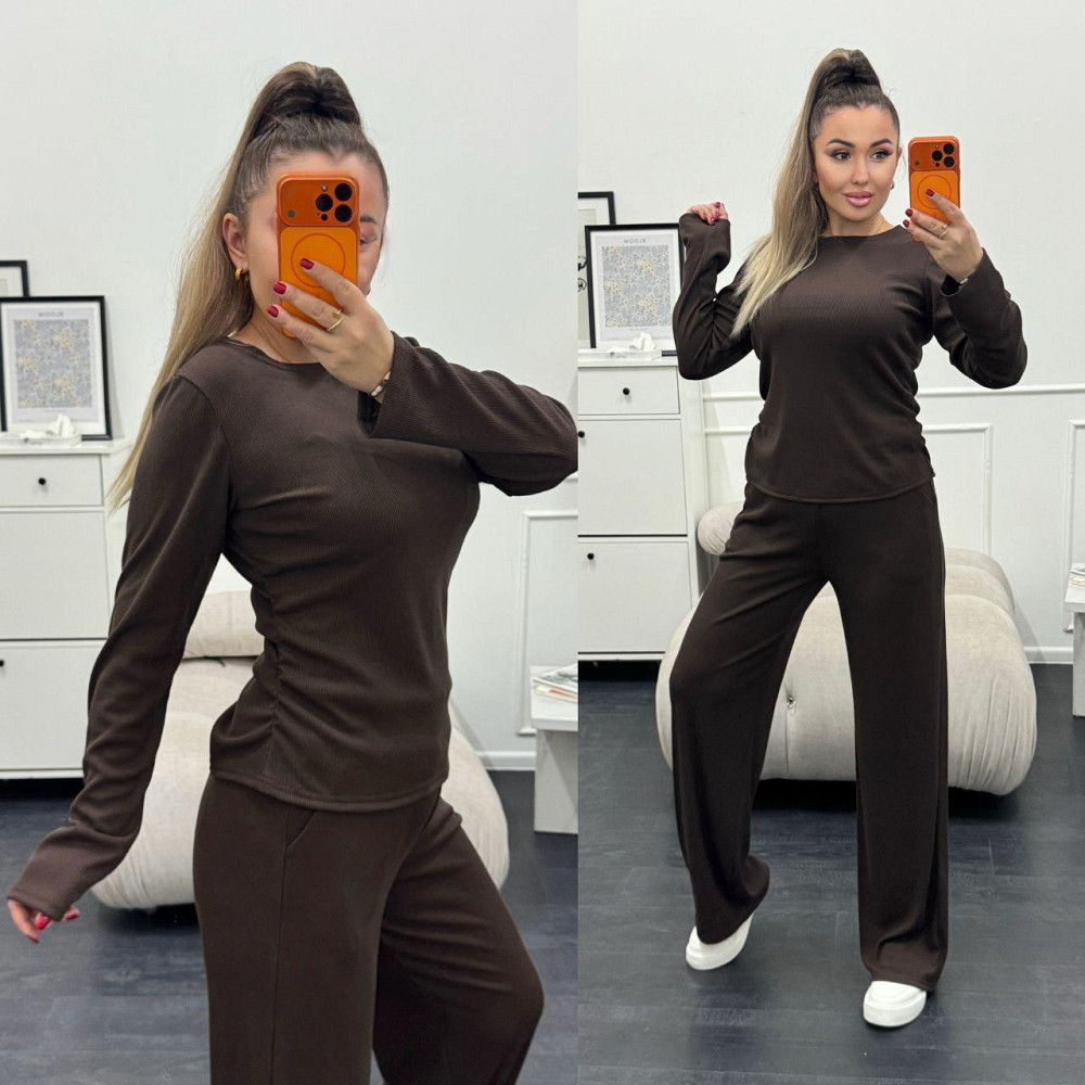 Жіночий базовий костюм-двійка: лонгслів і штани трикотажний рубчик Шоколадний, 50/52 Одеса - фото 8