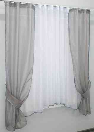 Кухонний комплект VR-Textil № 051к тюль і шторки з підв'язками сірий з білим 280х170 см (50-077) Київ
