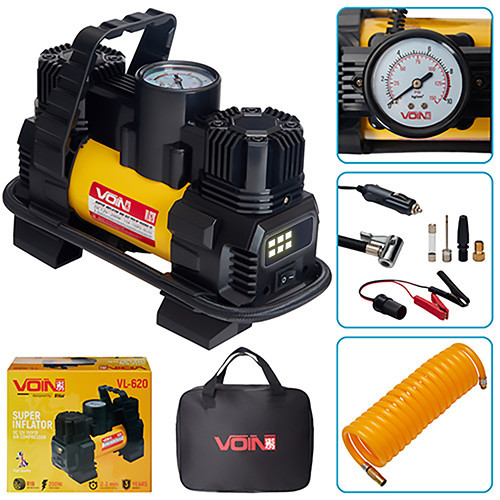 Компресор VOIN VL-620 150psi, 15А, 85л, з прикурювачем, ліхтарем, перехідником та 2 циліндрами Харків - фото 1