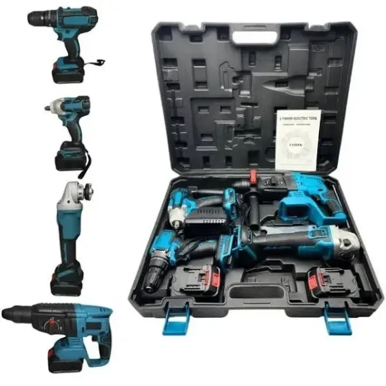 Набор аккумуляторных инструментов 4 в 1 в кейсе Болгарка + Шуруповерт +Гайковерт+перфоратор (синий) Одесса