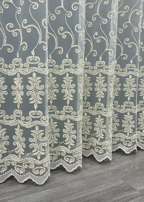 Тюль VR-Textil 1851т Фатин с вышивкой Корд и люрексом Молочный с золотистым 300х270 см (40-205) Киев - изображение 7