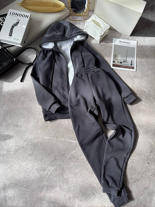 Женский теплый повседневный костюм двойка: худые+штаны, трехнить на флисе + мех Графит, 46/48 Одесса - изображение 1