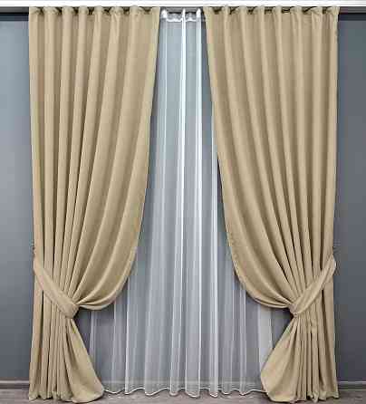 Комплект штор VR-Textil Микровелюр SPARTA 150х270 2шт и Тюль 400х270 1192ш-1153т Бежевый с белым 71-121/3 Киев