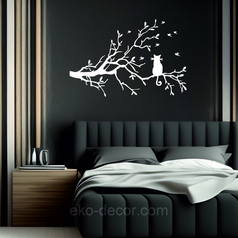 Декоративне настінне Панно «Кіт на гілці», Декор на стіну 50*33 см, Білий Київ - фото 1