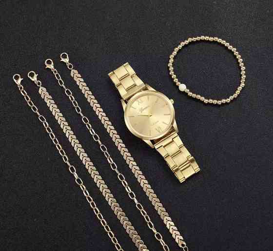 Подарунковий набір для жінок 1 наручний годинник з 5 браслетами без подарункової коробки золотий Київ
