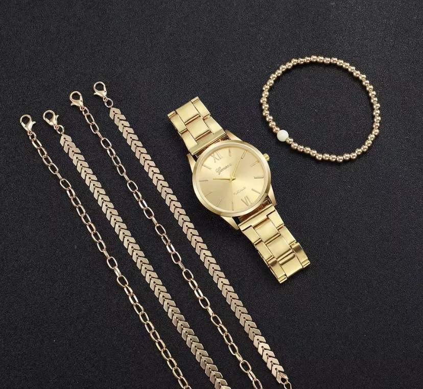 Подарунковий набір для жінок 1 наручний годинник з 5 браслетами без подарункової коробки золотий Київ - фото 5