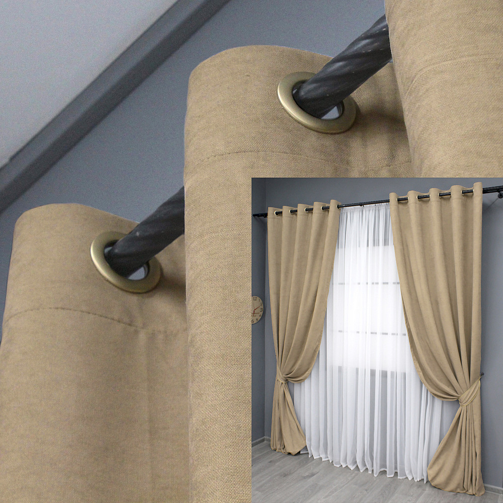 Комплект штор на люверсах VR-Textil Мікровелюр Petek YL № 1800ш Бежевий 150х270 см 2 шт (37-0266) Київ - фото 1