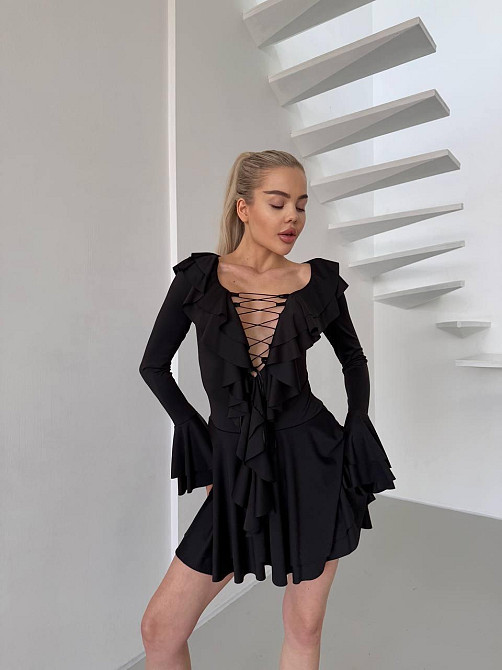 Жіноча романтична сукня в стилі міні з воланами мікродайвінг Чорна Одеса - фото 1
