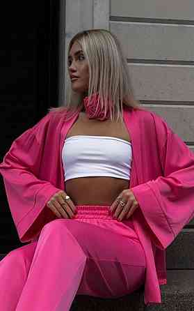 Жіночий базовий костюм-двійка: кімоно та штани атлас Малиновий Одеса