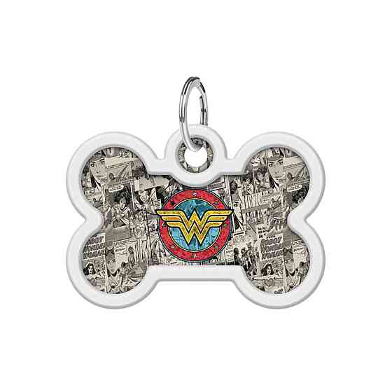 Адресник для собак і котів металевий WAUDOG Smart ID з QR паспортом, малюнок "Чудо-жінка 2", кістка, Д 40 мм, Ш 28 мм Київ