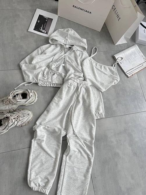 Женский повседневный костюм тройка: кофта топ и штаны двунить 42/44, Меланж Одесса - изображение 1