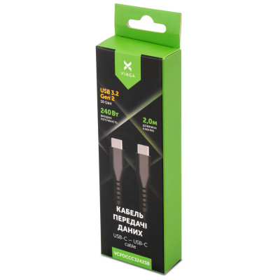 Дата кабель USB-C to USB-C 2.0m UBS3.2 Gen2 10G 240W Chip Silicon Black Vinga (VCPDCCC3242SB) Винница - изображение 5