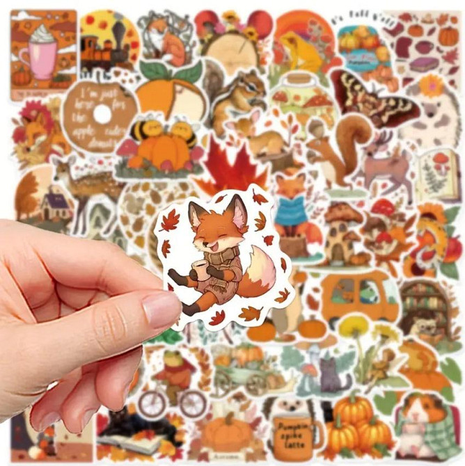 Осінні веселі наклейки з твариними, осінні стікери, Водонепроникні вінілові наклейки для Пляшки Води Київ - фото 2