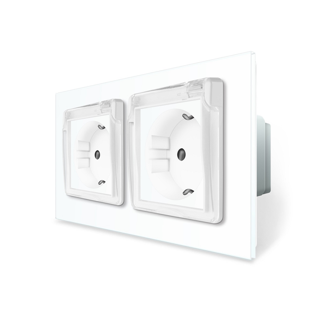 Подвійна електрична розетка вологозахисна з кришкою IP44 з заземленням, LIVOLO, біла, скляна рамка, шторки, 250В 16А (VL-C7C2EUWF-11) Коломыя - изображение 1