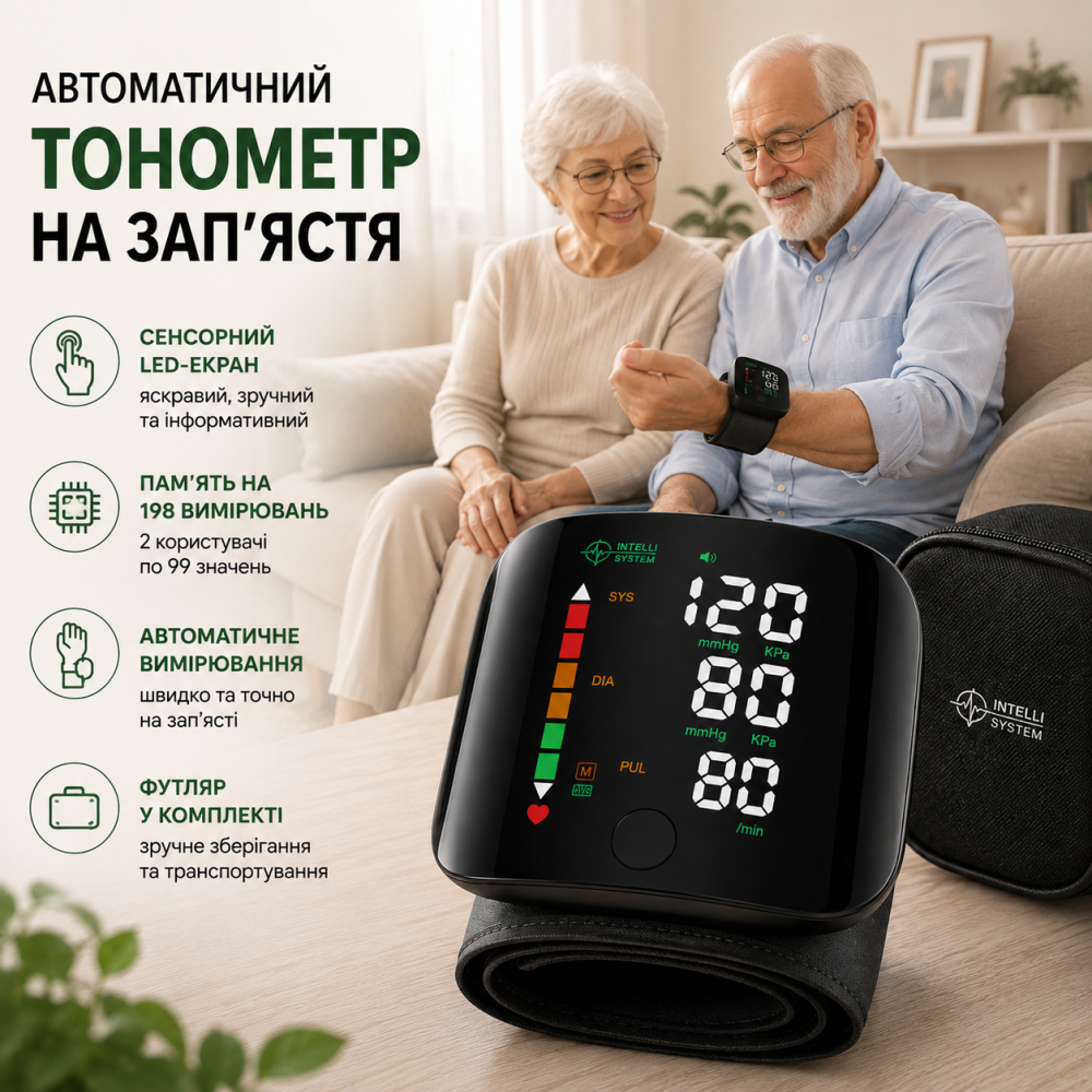 Автоматичний тонометр на зап'ястя Intelli System Black цифровий з сенсорним LED екраном, пам'яттю на 198 вимірювань та футляром Київ - фото 9