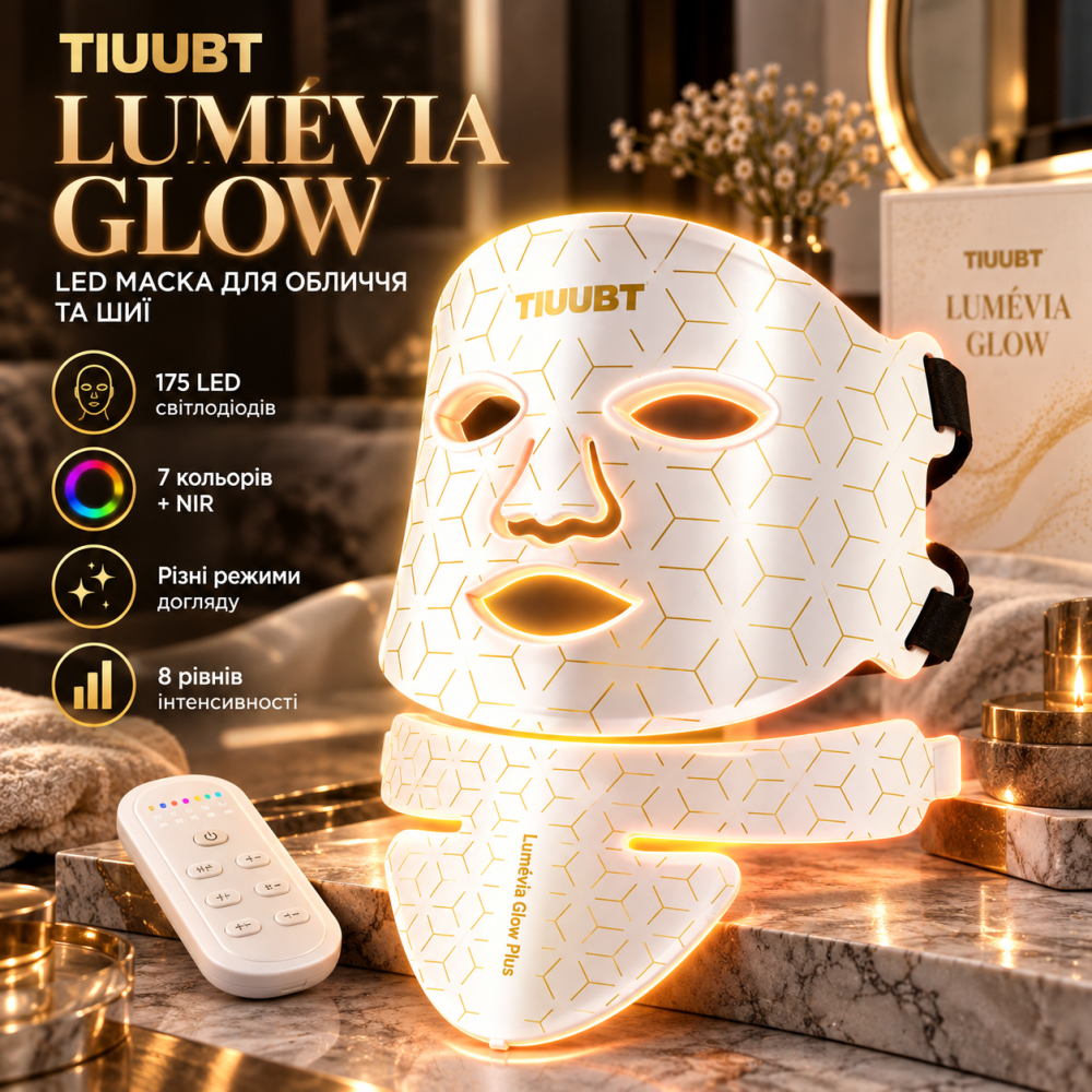 LED-маска TIUUBT SP-1103 для обличчя та шиї, 175 LED, 7 кольорів + NIR, акумуляторна, біла Київ - фото 1