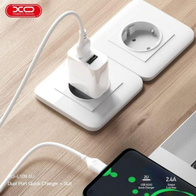 Зарядний пристрій XO L109 12W (2USB/2.4A) + USB - Lightning White (XO-L109-L) Вінниця - фото 3