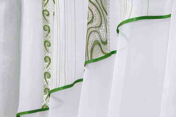 Кухонные шторы VR-Textil № 091к с ламбрекеном и подвязками белый с золотисто-зеленым 280х170 см (59-814) Киев