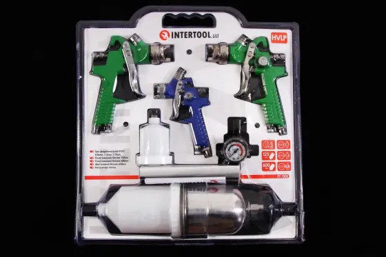 Набір кольорового пневматика з 3-х пістолетів HVLP + регулятор тиску Intertool Вінниця