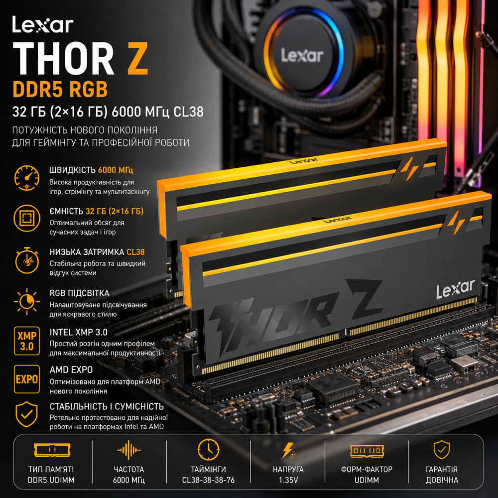 Оперативна пам'ять Lexar THOR Z RGB DDR5 32 ГБ (2×16 ГБ) 6000 МГц CL38, UDIMM, Intel XMP 3.0, AMD EXPO для ПК Київ - фото 9