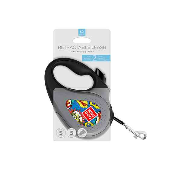 Повідець-рулетка для собак WAUDOG R-leash, малюнок "ВАУ", S, до 15 кг, 5 м, світловідбивна стрічка чорний Вінниця