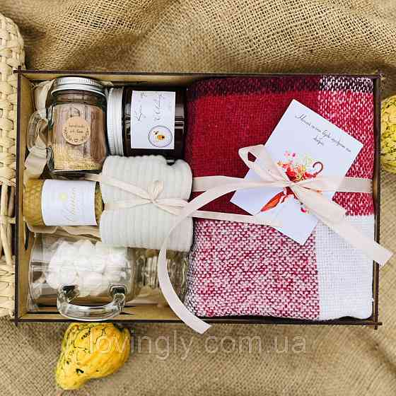 Атмосферный подарочный набор - плед, какао, маршмело, свеча, крем-мед Ирпень