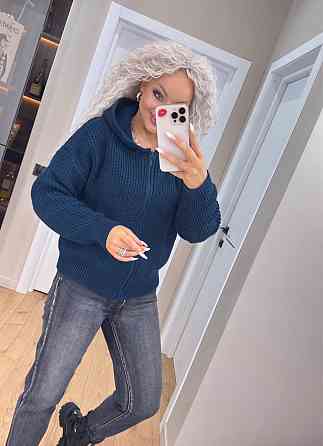 Кардиган в'язаний із капюоном на блискавці толстовка Темний-джинс Київ